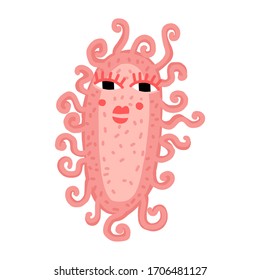 Funny pink viris or bacteria.Vector illustration for little children. Illustrations with germs for childrens books. Flat style stickers are hand drawn. Big bright sticker with cute bacterias