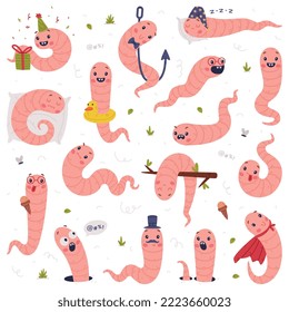 Funny Pink Worm Character with Long Tube Body and Smiling Face Vector Set