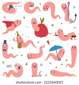 Funny Pink Worm Character with Long Tube Body and Smiling Face Vector Set