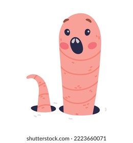 Funny Pink Worm Character with Long Tube Body Peeking from Hole Shouting Out Loud Vector Illustration