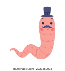 Funny Pink Worm Character with Long Tube Body in Top Hat and Mustache Vector Illustration