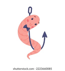 Gracioso personaje de gusano rosa con cuerpo largo y corbata colgando en la ilustración del vector gancho