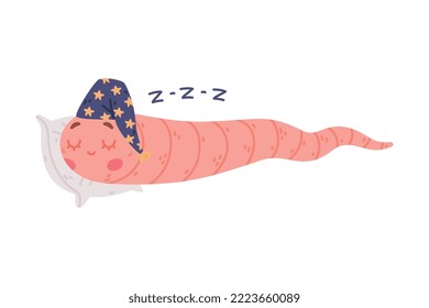 Funny Pink Worm Character with Long Tube Body in Night Cap Sleeping on Pillow Vector Illustration