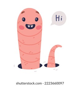 Funny Pink Worm Character with Long Tube Body Peeking from Hole Saying Hi Vector Illustration