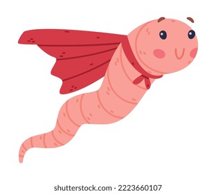 Funny Pink Worm Character with Long Body Wearing Red Cape Vector Illustration