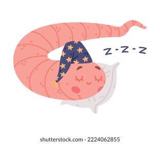 Funny Pink Worm Character with Long Tube Body in Night Cap Sleeping on Pillow Vector Illustration