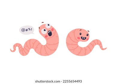 Funny Pink Worm Character with Long Tube Body Crawling and Shouting with Fear Vector Set