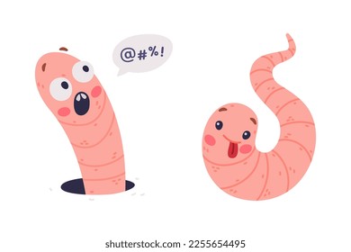 Funny Pink Worm Character with Long Tube Body Shouting with Fear and Showing Tongue Vector Set