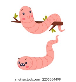 Funny Pink Worm Character with Long Tube Body Hanging on Tree Branch and with Angry Face Vector Set