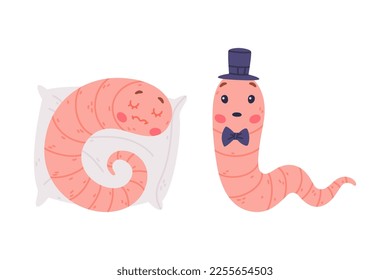Funny Pink Worm Character with Long Tube Body Wearing Top Hat and Sleeping on Pillow Vector Set