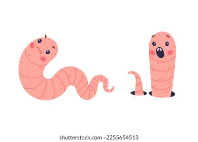 Funny Pink Worm Character with Long Tube Body Vector Set
