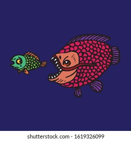 Funny piranha fish cartoon character trying to catch small fish, hand drawn doodle sketch, isolated vector colorful illustration on dark blue background