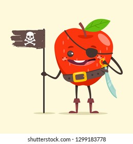 Funny pirate Apple in eye patch, sword and black flag with skull and crossbone. Cute fruit sea robber vector cartoon character isolated on background.