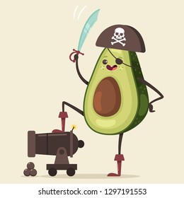 Funny pirate Avocado in hat, eye patch, sword and cannon with ball Cute fruit sea robber vector cartoon character isolated on background.