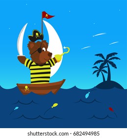 funny pirate bear on his boat sailing the sea reaching the land for adventure with some colorful jumping fish
