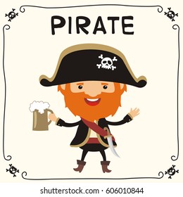 Funny pirate with beer mug in cartoon style.