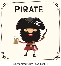 Funny pirate black beard with beer mug and pistol.