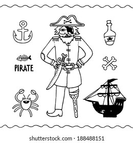 Funny pirate. Black and White. Vector illustration.
