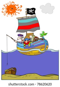 Funny pirate boat with pirates chasing treasure.
