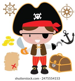 Divertido pirata capitán niño Vector ilustración de dibujos animados