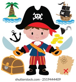 Engraçado pirata capitão menino vetor ilustração cartoon