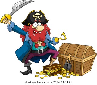 Funny Pirate Cartoon Character Brandishing Sword With Treasure Chest. Vector Hand Drawn Illustration Isolated On Transparent Background