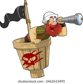 Funny Pirate Cartoon Character Using A Telescope In A Crows Nest. Vector Hand Drawn Illustration Isolated On Transparent Background