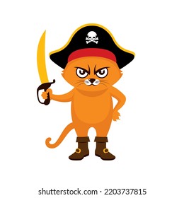 Funny pirate cat with hat and saber cartoon character. Ginger pirate cat in boots icon vector isolated on a white background. Angry red cat drawing