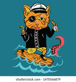 funny pirate cat vector design isolated