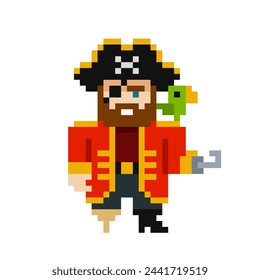 Funny Pirate charactrer in pixel art style. Pixel Art Corsair Pirate Captain suit with hook and parrot bird - cartoon retro game style vector graphics