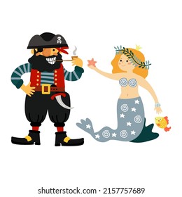 Funny pirate and cute mermaid. Sailor man,  marine girl siren and little fish. Happy cartoon characters, hand drawn vector illustration isolated on white background. Flat design