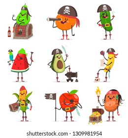Funny pirate fruit in hat with skull and crossbone, eye patch, sword, cannon, spyglass, map, parrot, flag, chest with treasure. Cute sea robber vector cartoon character isolated on white background.