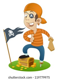 Funny pirate with his gold treasure