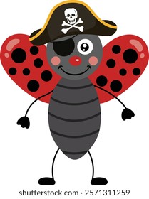 Funny pirate ladybird with black hat and covered eye
