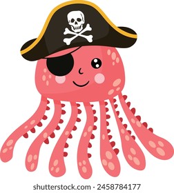 Funny pirate octopus with black hat and covered eye