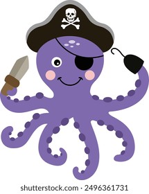 Funny pirate octopus with black hat

