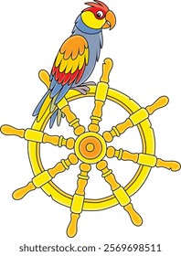 Funny pirate parrot on an old wooden helm from a filibuster sailboat, vector cartoon illustration on a white background