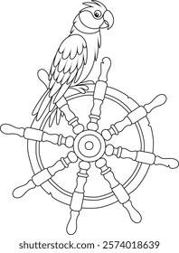 Funny pirate parrot on an old wooden helm from a filibuster sailboat, black and white outline vector cartoon illustration for a coloring book