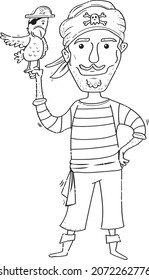 El pirata gracioso con loro. Ilustración de color de dibujos animados