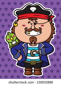 funny Pirate and parrot. vector illustration of kawaii Pirate with a parrot on his shoulder