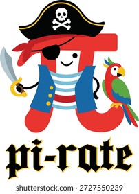 Divertido personaje pirata Pi con parche ocular, espada y loro para la Ilustración vectorial de temas de matemáticas de Pi Day