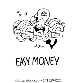 Ein lustiger Pirat läuft mit zwei Truhen Gold, der Slogan auf dem Bild ist "easy money" Linie Grafik-Version 
