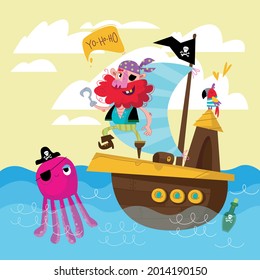 A funny pirate stands on the deck of a pirate ship and looks at a kraken in a black hat that floats next to the schooner. Color square picture. Children s print illustration on the theme sea travel