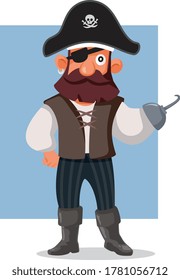 Graciosa Ilustración de Caricatura del Vector Pirata. Carácter mascota bandido marino con parche y gancho para los ojos 
