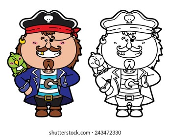 funny Pirate. Vector illustration coloring page of happy cartoon Pirate with a parrot on his shoulder for children and scrap book
