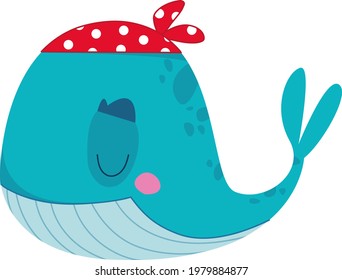 Funny pirate whale in a red bandana. Vector illustration of a character in a cartoon children s style. Isolated funny clipart on a white background. Boy print cute