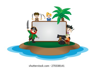 Funny Pirates behind white board on Island