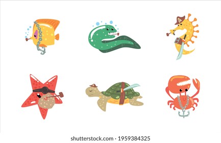 Funny Pirates Sea Creatures Characters Set, Cute Joyful Crab, Starfish, Seahorse, Eel, Turtle Cartoon Vector Illustration