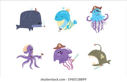 Funny Pirates Sea Creatures Characters Set, Cute Joyful Whale, Octopus, Jellyfish Cartoon Vector Illustration