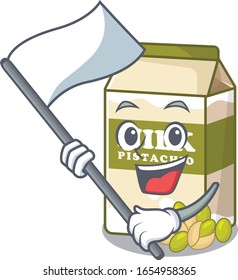 Funny pistachio milk cartoon character style holding a standing flag